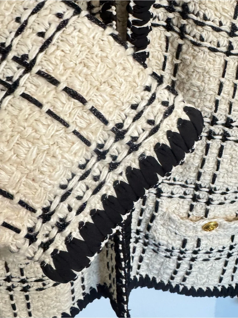 Tory Burch Kendra Chiffon-Trimmed Linen Blend Tweed Jacket Cream Black XL